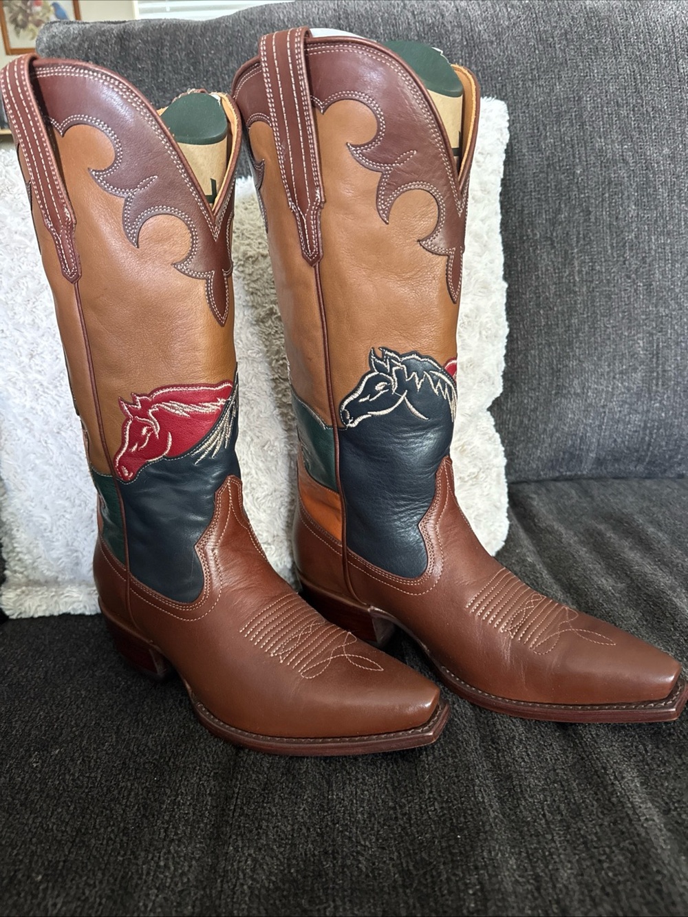 Tecovas Leather Western Boots with Embroidered multi colored Horses
